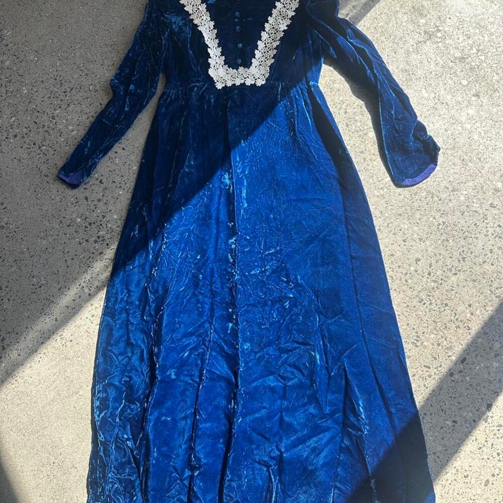 Vintage 60s/70s Cobalt Blue Velvet Lace Prairie Maxi Dress